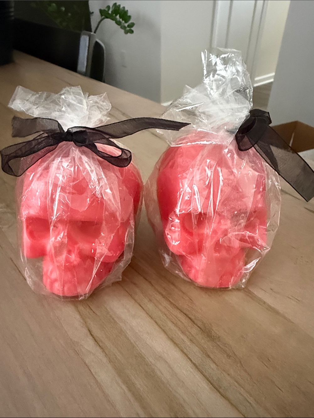 Pink Skull Candle Pair with Black Ribbon Accent